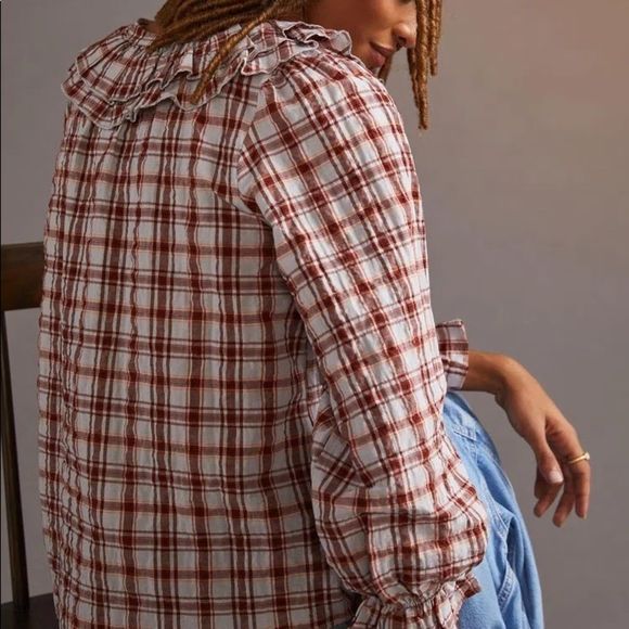 Anthropologie Maeve Ruffled Plaid Buttondown Red Mottif NWT M - Picture 10 of 12